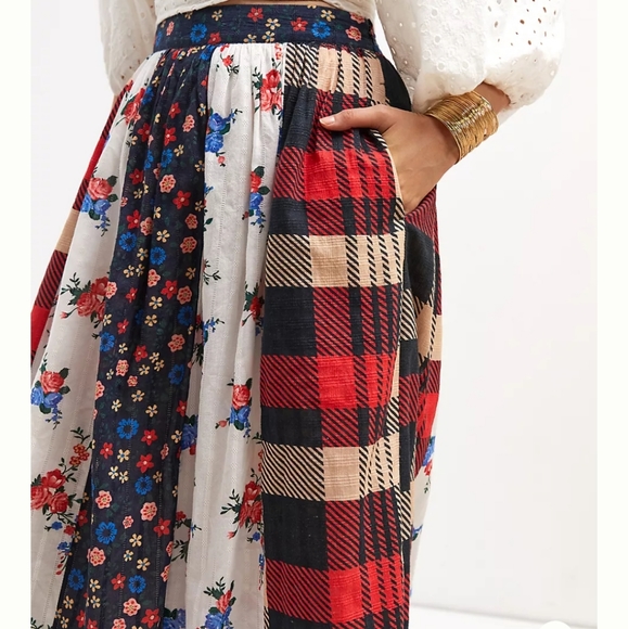 Anthropologie Let me be contrast floral BOHO red blue white maxi skirt XS - Picture 2 of 8
